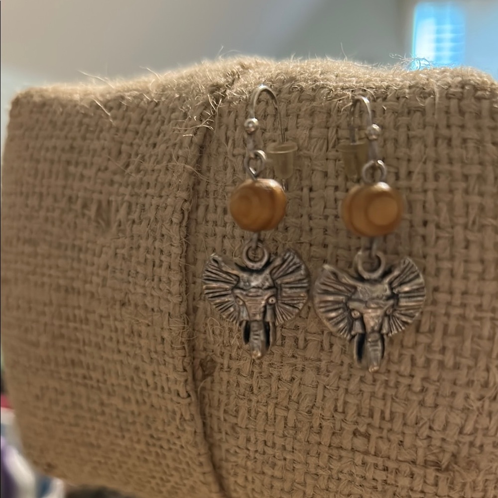 Silver Elephant Earrings with Wooden Beads